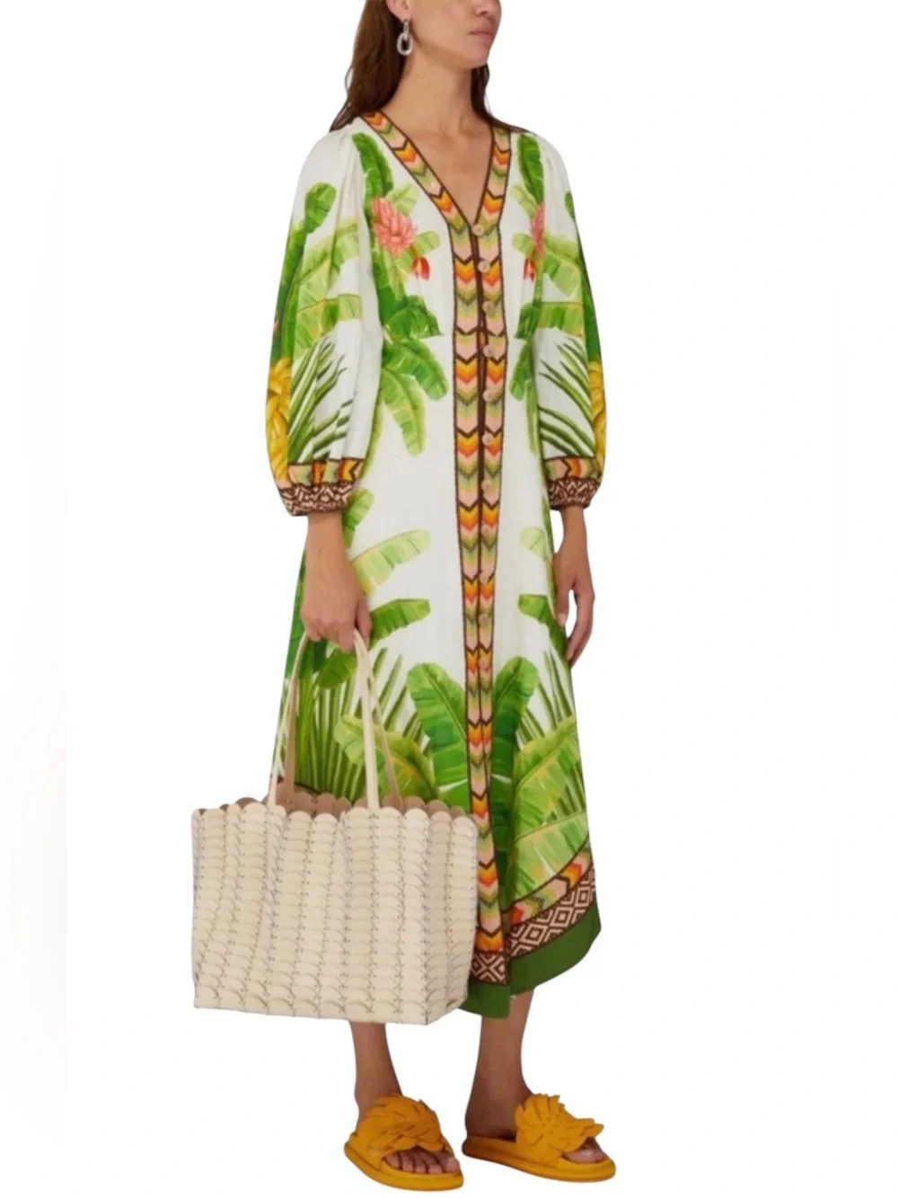 NWT FARM Rio Fresh Forest Tropical Floral Balloon Sleeve Linen Dress Size S - Picture 6 of 13